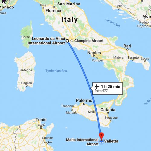Map - Rome to Valletta